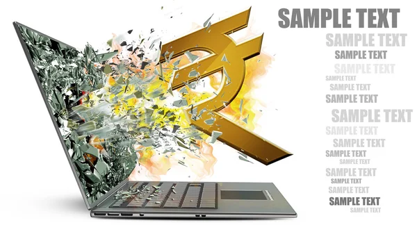 Laptop with broken screen on fire symbol — Stock Photo, Image