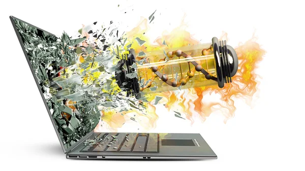 Yangın çıkışı laptop dağ eteğindeki taş yığını bir monitör tarafından virüs ile kapsül — Stok fotoğraf