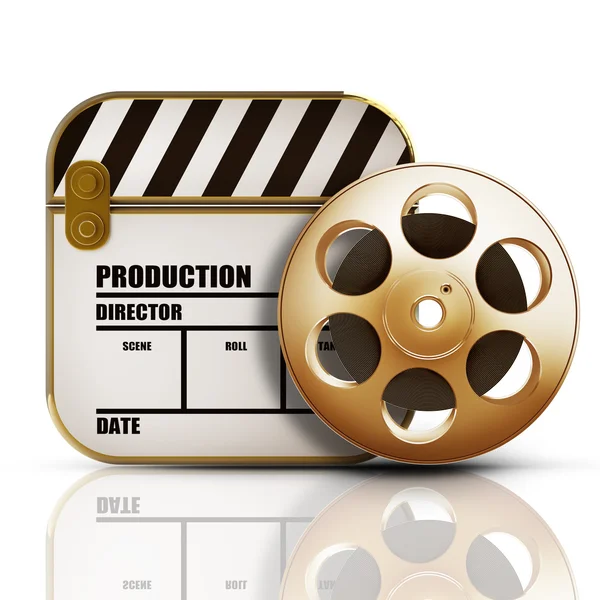 Golden Clap board and Film roll. — Stock Photo, Image