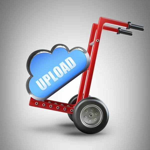 Red wheelbarrow with blue upload cloud Stock Photo