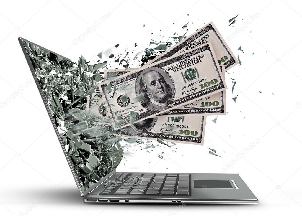 Dollars exit by a monitor of laptop screen.