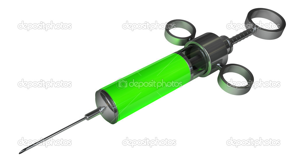 Green Plastics Syringe Metal Glass Syringe With Green Liquid Substance Stock