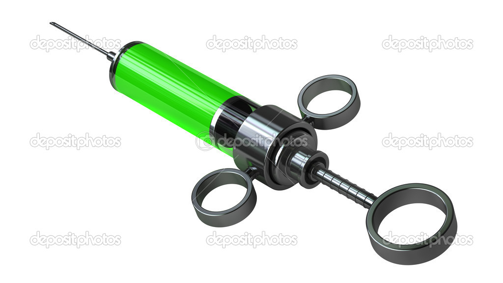 Metal glass syringe with green liquid substance — Stock Photo