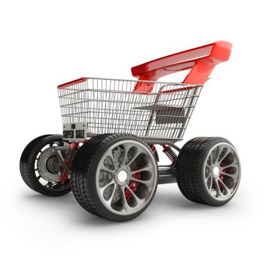 Shopping cart with big car wheel clipart