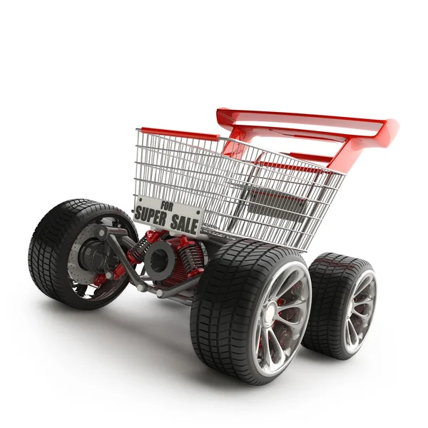 Büyük araba tekerleği ile alışveriş sepeti — Stok fotoğraf