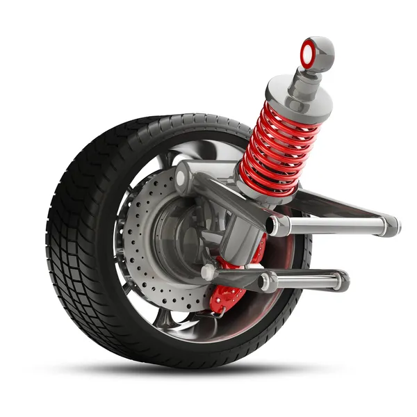 Wheel, shock absorber and brake pads — Stock Photo, Image