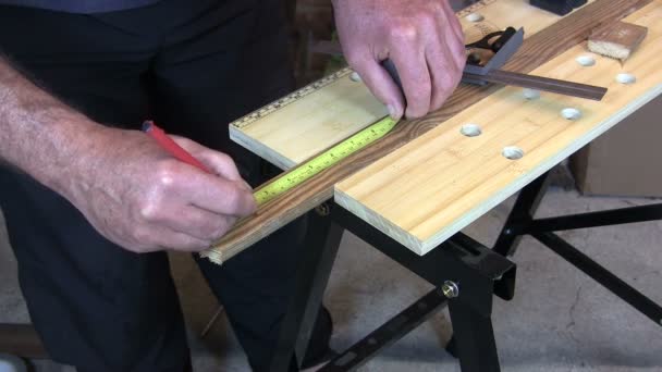 Um homem a serrar um pedaço de madeira — Vídeo de Stock