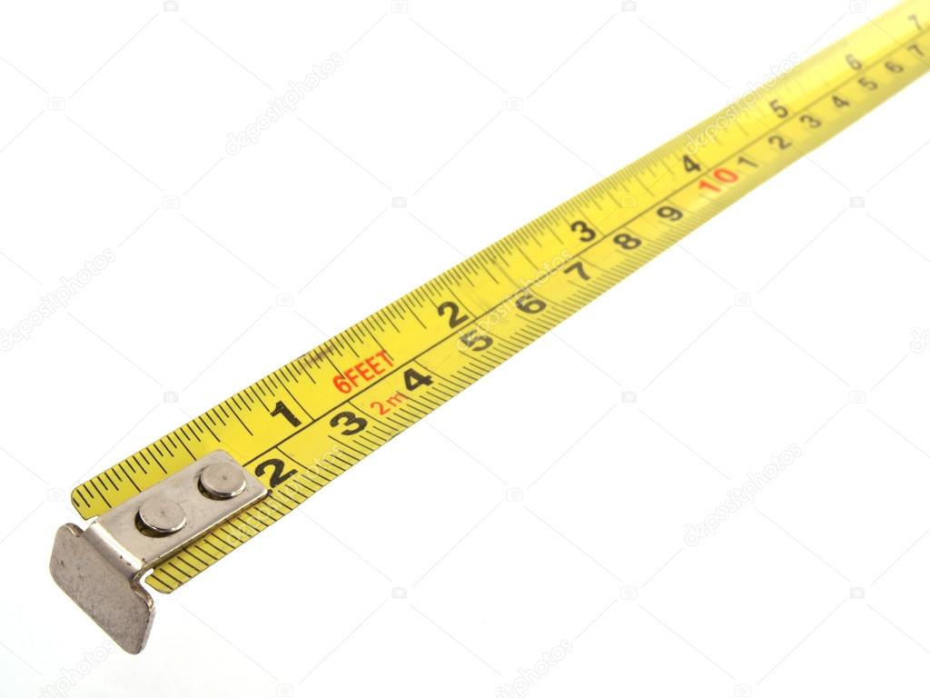 Yellow tape measure on a white background.