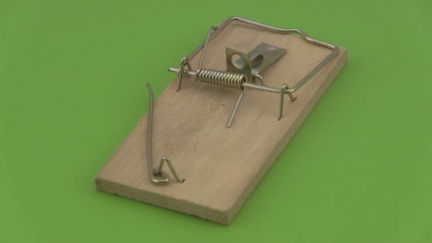 Wooden mouse trap rotating on a green background. — Stock Video