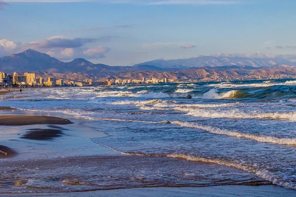Красивий Спокійний Приморський Пейзаж Пляжу Сан Джуан Аліканте Іспанія Сонячний — стокове фото