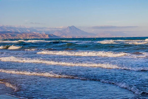Piękny Spokojny Nadmorski Krajobraz San Juan Plaży Alicante Hiszpania Słoneczny — Zdjęcie stockowe