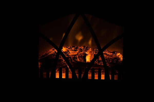 Beautiful Winter Black Background Fireplace Red Hot Blazing Fire — Stock Photo, Image
