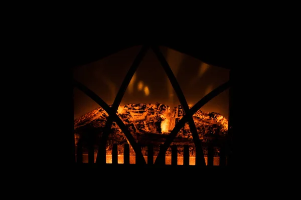 Beautiful Winter Black Background Fireplace Red Hot Blazing Fire — Stock Photo, Image