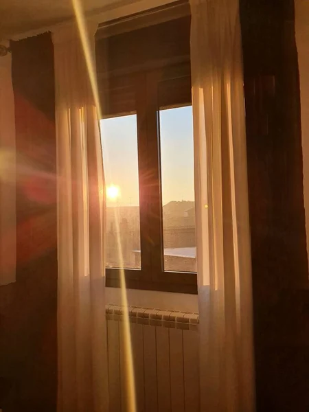 Background Large Window Curtains Which Rising Sun Comes — Stock Photo, Image