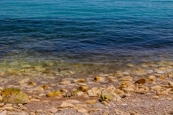 Beautiful Calm Gentle Background Blue Sea Shore Beige Stones — Stock Photo, Image