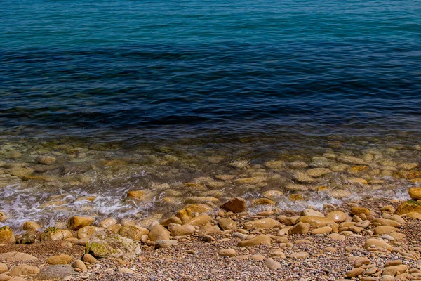 Beautiful Calm Gentle Background Blue Sea Shore Beige Stones — Stockfoto