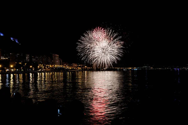 Colorful Fireworks Show Night Shores Sea Alicante Spain — Zdjęcie stockowe