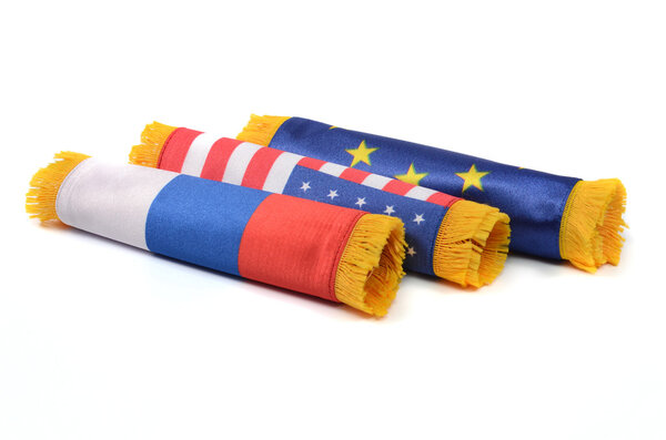 European Union, Russian Federation and United States of America flags