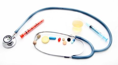 Stethoscope and different pharmacological preparations clipart