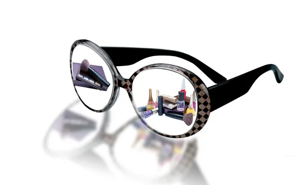 Thumbnails de cosméticos femininos óculos e espelhamento — Fotografia de Stock