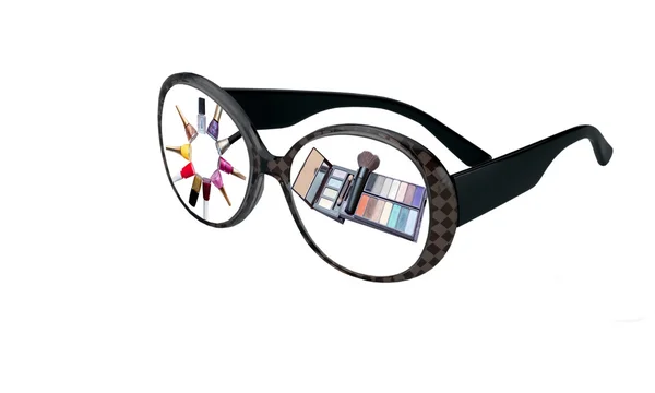 Miniaturas de cosméticos femeninos en gafas —  Fotos de Stock