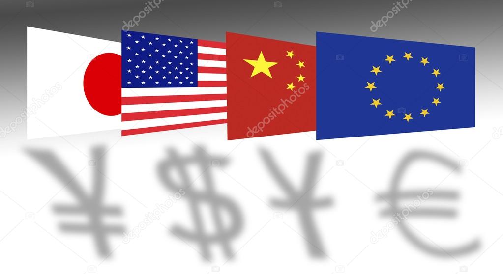 Flag of Japan, the U.S., China and Europe