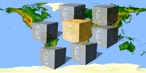 Cubes with an eurocurrency sign against the world map — Stock Photo, Image