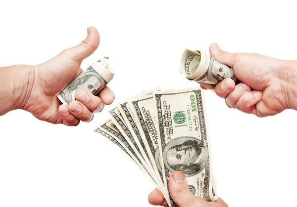 Руки человека в разных позах с банкнотами долларов США — стоковое фото