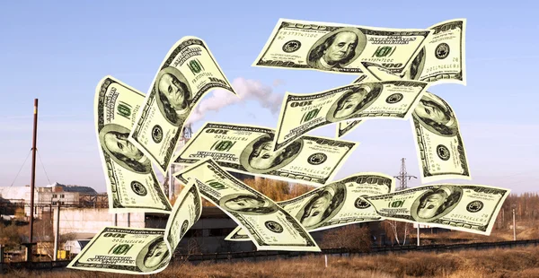 Falling notes of US dollar against industrial plant — Stock Photo, Image