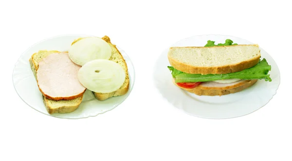 Dva sendviče na keramické desky — Stock fotografie