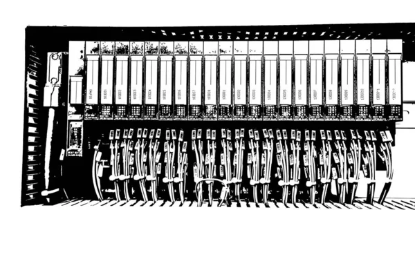Черно Белая Иллюстрация Электрический Шкаф Контроллерами Выключателями Электрического Оборудования Белом — стоковое фото