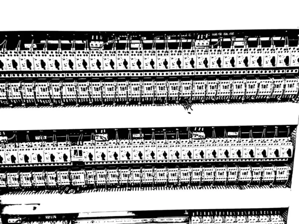 Czarno Biała Ilustracja Szafka Elektryczna Wyłącznikami Wyłącznikami Białym Tle — Zdjęcie stockowe