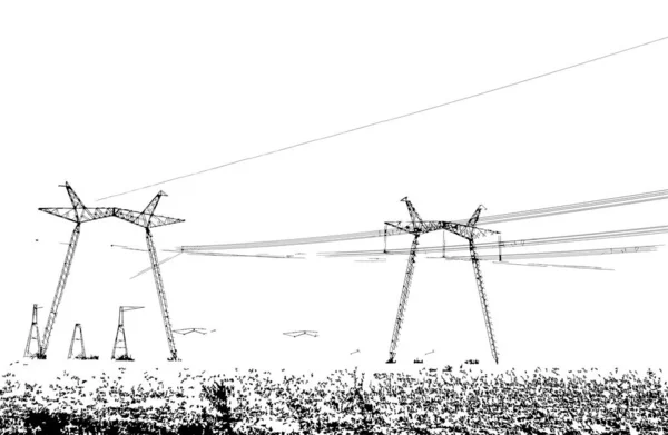 Siyah Beyaz Illüstrasyon Beyaz Arkaplandaki Yüksek Voltajlı Elektrik Hattının Minyatürü — Stok fotoğraf