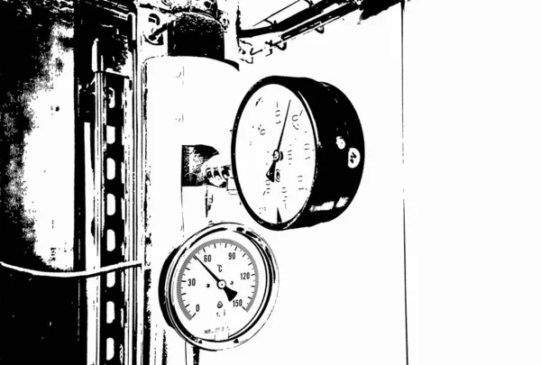 Чорно Біла Ілюстрація Манометри Вимірювання Тиску Трубах Виробничому Заводі Білому — стокове фото
