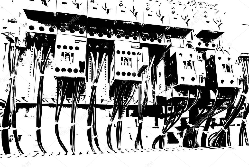 Black and white illustration - electrical cabinet with circuit breakers and circuit breakers on a white background