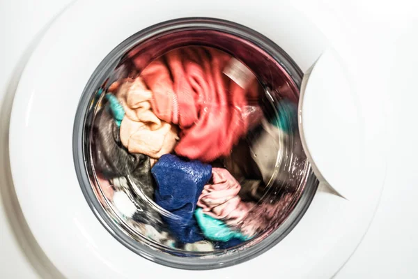 Process Washing Various Clothes White Washing Machine Front View — Stock Photo, Image