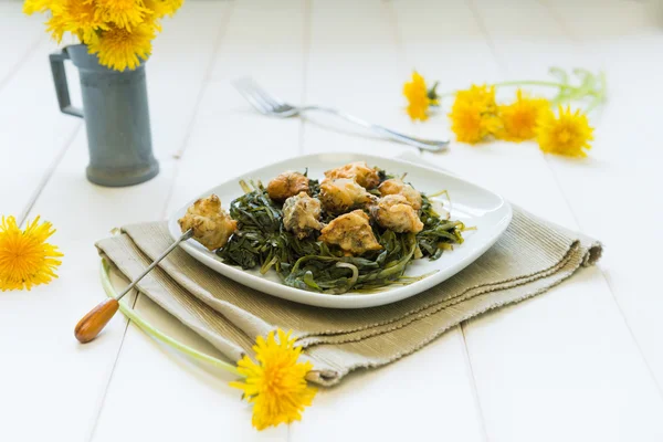 Dandelion's flowers in batter — Stock Photo, Image