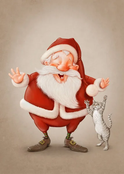 Santa Com Gato Brincalhão — Fotografia de Stock