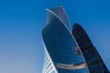 Moskova, Rusya - 02 Şubat 2021: Evrim Kulesi. Gökdelen dış görünüş. Moskova Uluslararası İş Merkezi.