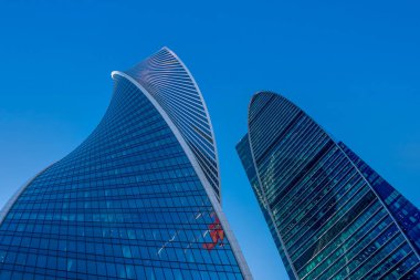 Moskova, Rusya - 02 Şubat 2021: Evrim Kulesi. Gökdelen dış görünüş. Moskova Uluslararası İş Merkezi.