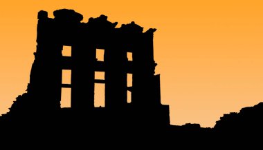 Ephesus 'taki Celsus Kütüphanesi' nin ön cephesi ve avlusunun silueti antik bir Yunan ve Roma yapısıdır. Eski taşlardan arkeologlar tarafından yeniden inşa edilen bina, Türkiye 'nin İzmir kenti yakınlarında yer alıyor..