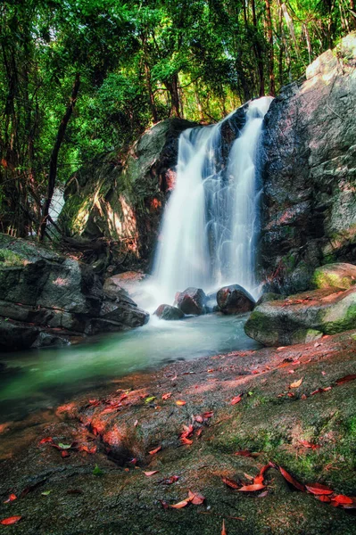在热带丛林 苏梅岛泳池大瀑布 — 图库照片