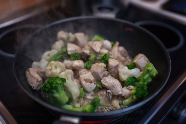 Tavada brokoli kızartması, tavuk, hindi ve soğan dilimleri. Brokolili tavuk eti. Faydalı bir yemek..