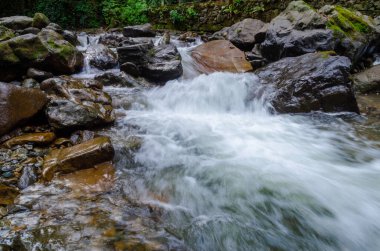 Sumela manastırı yakınlarındaki Pontic Dağı 'nda sonbahar mevsiminde güzel bir dağ nehri manzarası. Trabzon. Türkiye.
