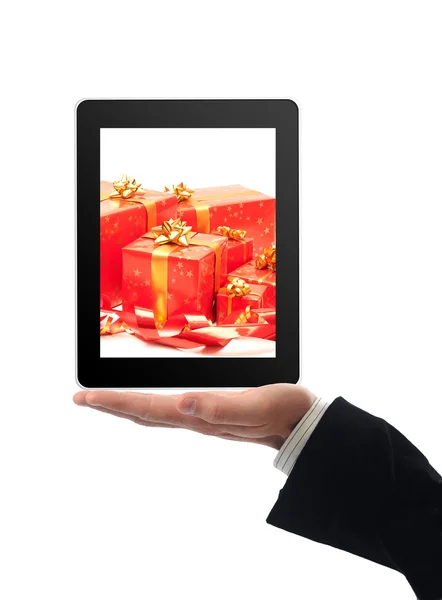 Tablet Touchscreen com presente dentro — Fotografia de Stock