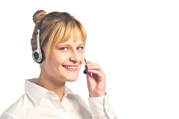 Jovem sorrindo menina trabalhando em um call center — Fotografia de Stock