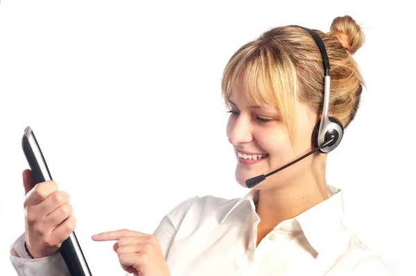 Young smiling girl working in a call center — Stock Photo, Image