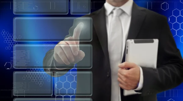 Hombres de negocios tocando una interfaz de pantalla táctil futurista —  Fotos de Stock