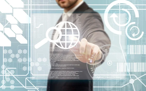 Business men touching a futuristic touchscreen interface — Stock Photo, Image