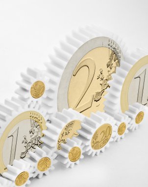 dişli mekanizması euro coins - iş ekonomi kavramı